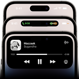 iPhone 14 Pro screens showcasing three different states of Dynamic Island.