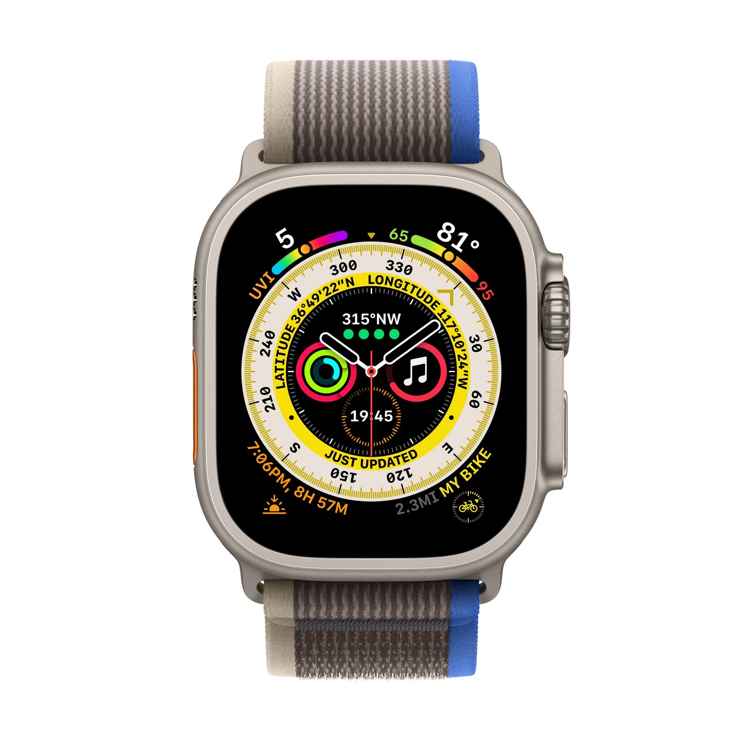 Apple Watch Ultra GPS + Cellular, 49mm Titanium Case with Blue/Grey Trail Loop - S/M