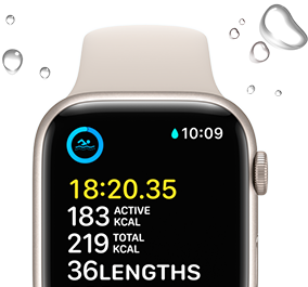 Apple Watch SE displaying a swim workout screen with water droplets framing the device.